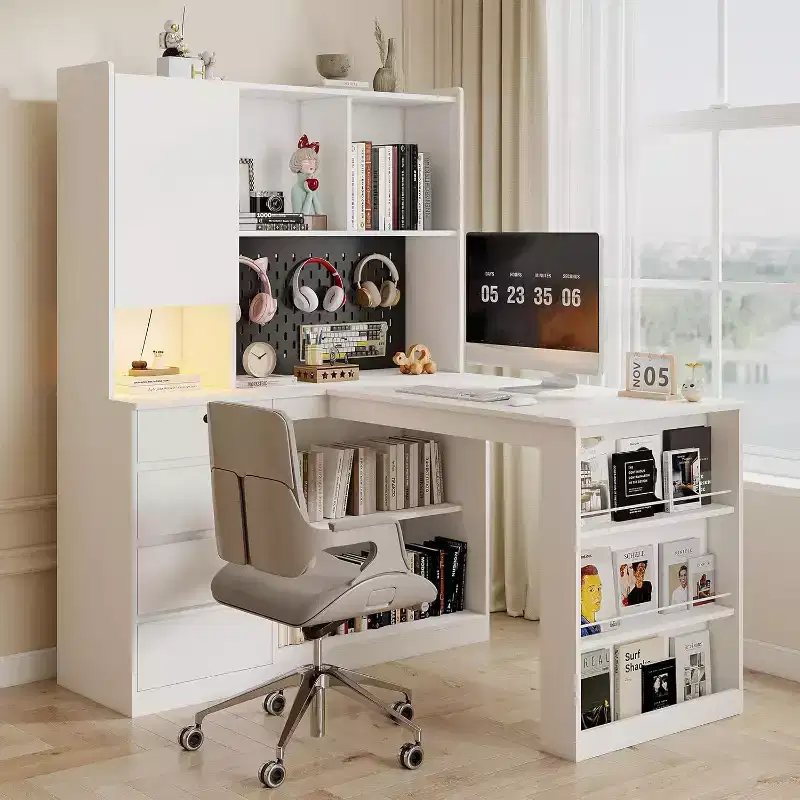 L Shaped Wooden Right Desk w/ Charging Station, LED Light, Drawers and Bookshelf, Modern Corner Computer Table for Home Office Gaming, White