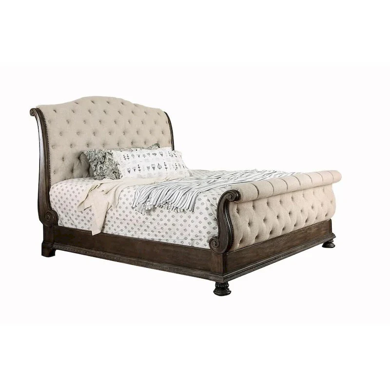 Sleigh Bed with Tufted Headboard and Footboard - Brown and Beige