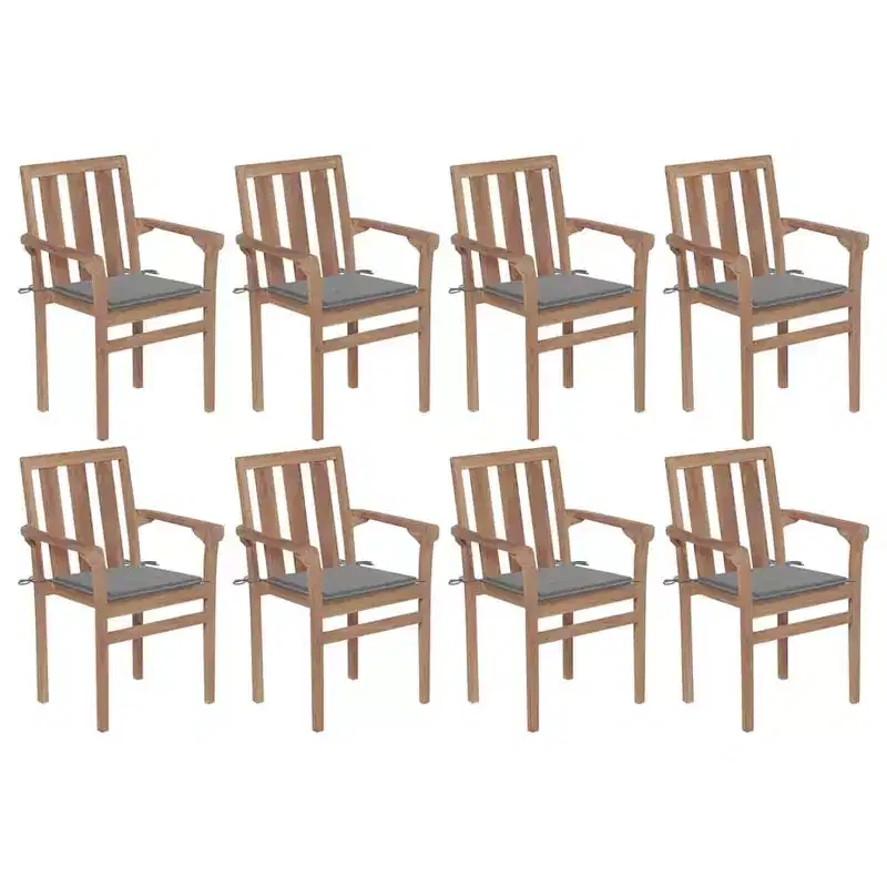 vidaXL Set of 8 Teak Wood Stackable Patio Chairs with Gray Cushions - Durable Garden/Outdoor Seating