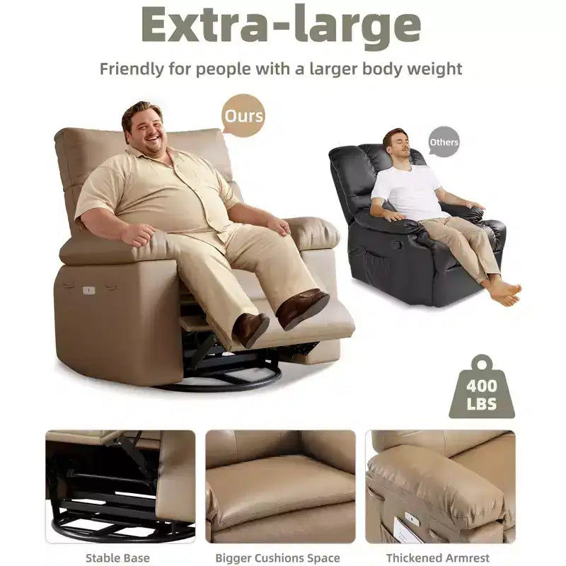 Extra-large massage and heated rocking chair, 360 rotating recliner, with remote control, cup holder and side pockets, ergonomically designed.