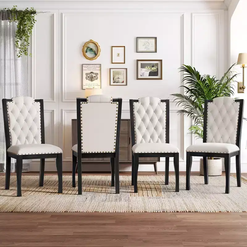 GDFStudio Ziegler Upholstered Dining Chairs with High Back Diamond Button Tufted and Solid Wood Legs (Set of 4)