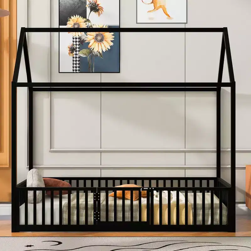 Metal Montessori Bed with Door and Fence Rails, House Floor Bed Frame for Kids and Toddlers