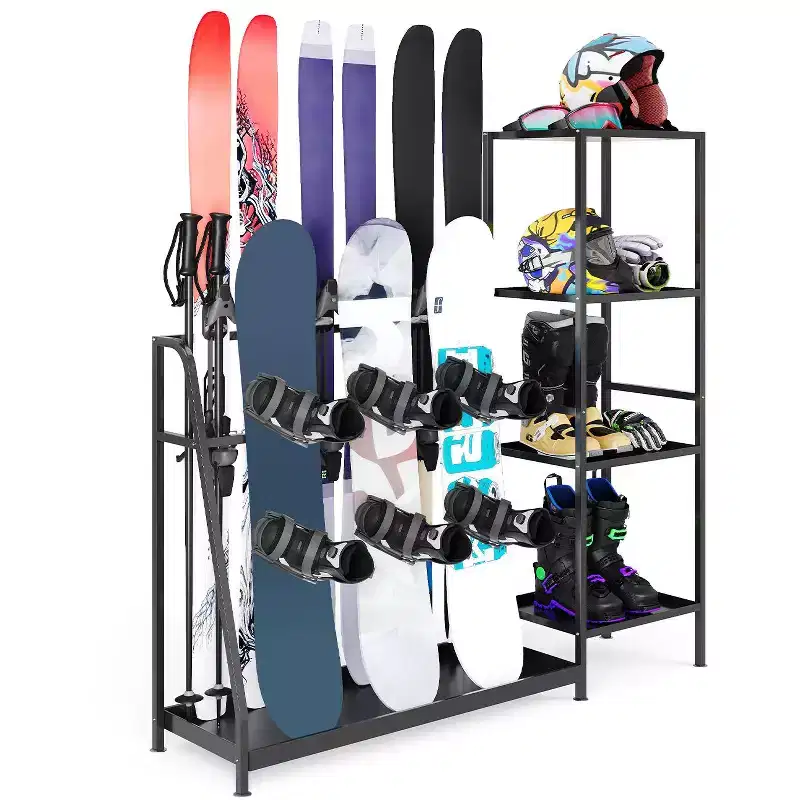 Ski Storage Rack, 48 x 12 x 46, Heavy Duty Freestanding Steel Ski Organizer for 4-Pair Skis, Snowboard, Boots, Poles, Helmet & Goggles