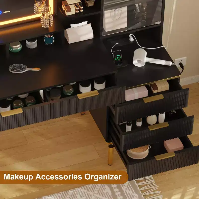 Makeup Vanity Desk with Lights, Power Outlet, Fluted Design, Mirror and 5 Drawers