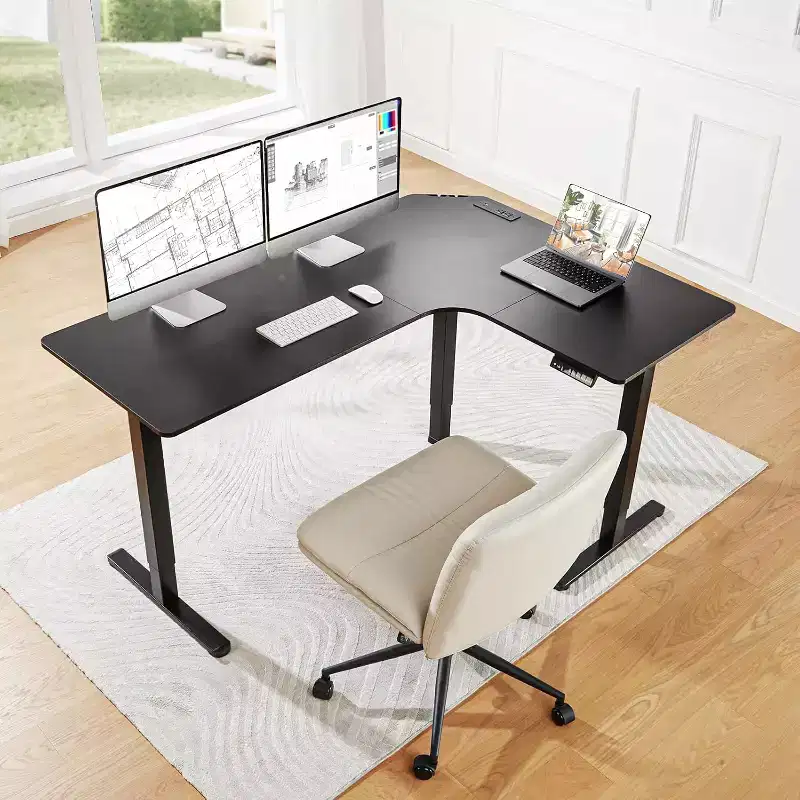 HUANUO 63 Dual Motor L-Shaped Standing Desk, Electric Height Adjustable, Built-in Power Outlets, Sit-Stand Desk, Black