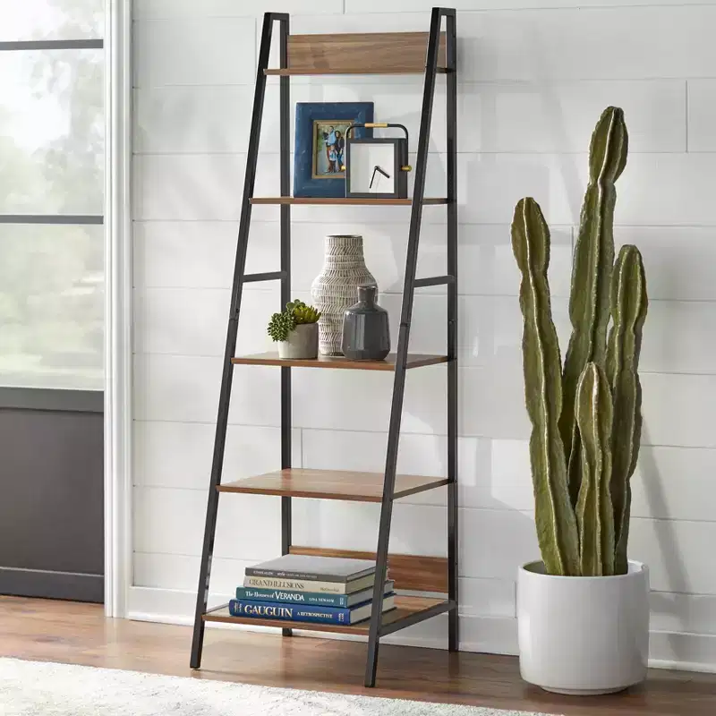 Buylateral Denton 65" Ladder 5 Tier Shelf Walnut/Black: Metal Frame, Open Storage Bookcase