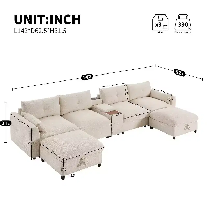 142'' Modular U-Shaped Sectional Sofa with Storage Ottoman Console USB Charger Wide Seats Chenille Upholstery 6-Seater for Living Room Apartment