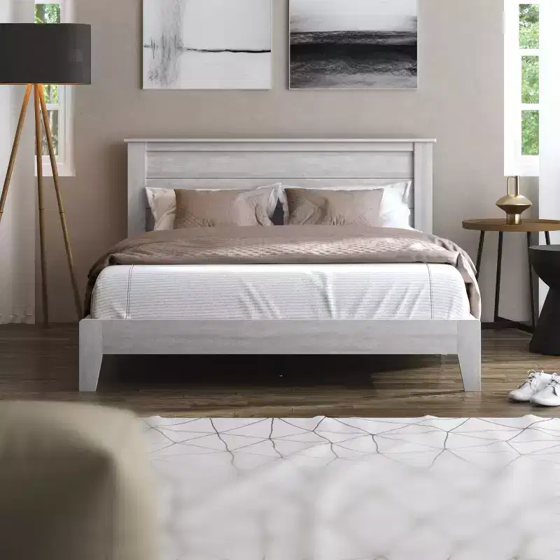 Queen Platform Bed with Headboard – Dusty Grey Oak Finish, Modern Bedroom Bed Frame