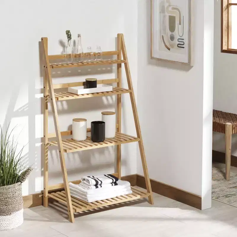 4-Tier Bamboo Ladder Bookshelf, Natural Finish, Open Back Display Shelf