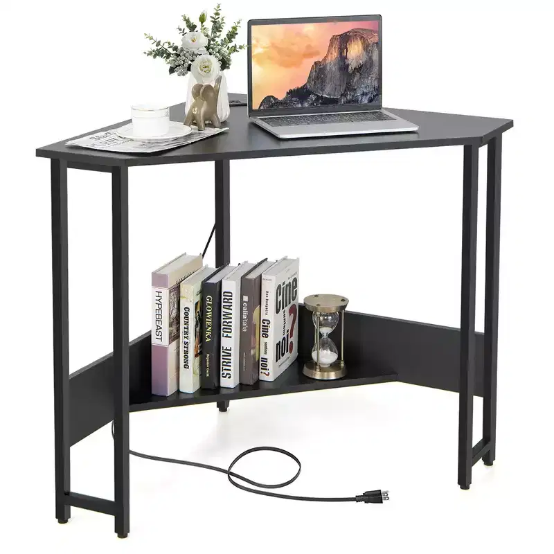 Triangle Computer Desk Corner Desk Home Office with Power Outlets USB Ports Black/Rustic