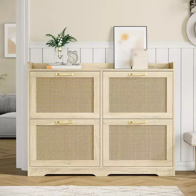 Shoe Storage Cabinet with 4 Flip Drawers, Rattan Hidden Shoe Storage Organizer, Freestanding Shoe Rack Cabinet for Hallway Living Room Apartment