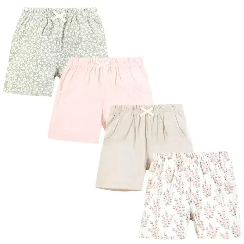 Hudson Baby Infant Girls Shorts Bottoms 4-Pack, Pink Sage Floral