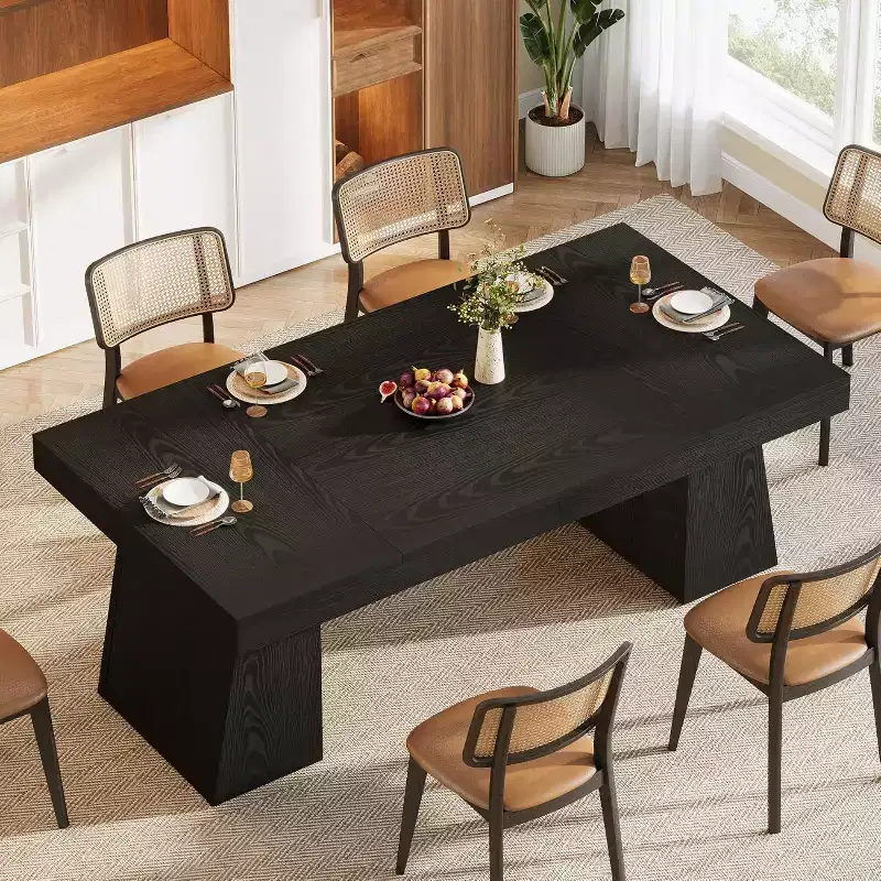 55-Inch Black Farmhouse Rectangular Dining Table with Double Pedestal for 4-6 People, Wood Furniture for Home Dining Room, Small Space