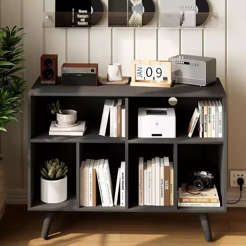 Large Record Player Stand, Wood Vinyl Record Storage with Power Outlet, Record Player Shelf Holds 350 Albums for Living Room