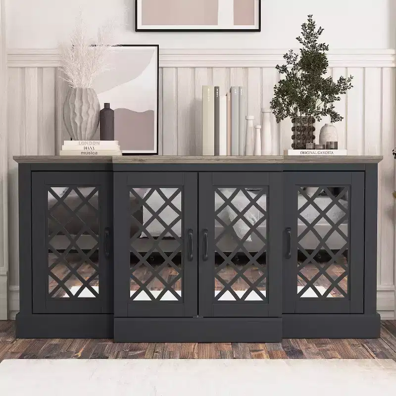 4-Door Accent Sideboard with Mirrored Cut-Out Doors, 60.4W x 18.2D x 29.3H