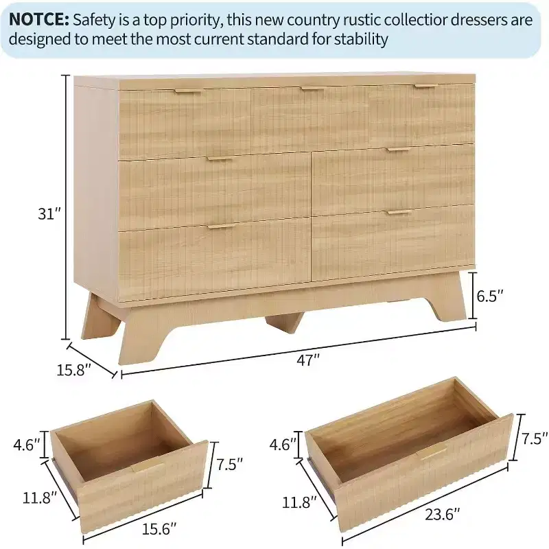 8 Drawer Fluted Dresser Natural Oak Curved Storage Cabinet for Bedroom Living Room Entryway