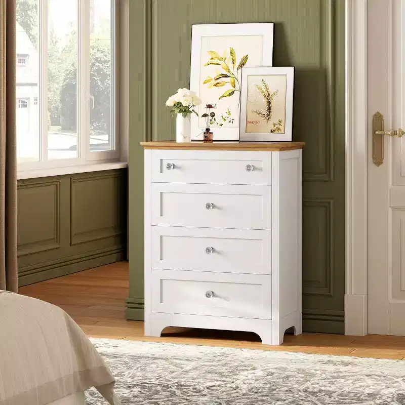 4 Drawer Nightstand Cabinet with Glass Top, Modern Dresser for Bedroom, Living Room, Entryway