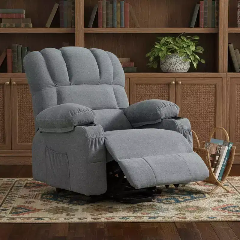 HomeRoots 39 Blue Faux Leather Leather Heated Massage Lift Assist Recliner With USB