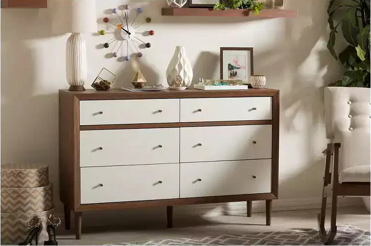 Mid-Century Modern Scandinavian Style Wood 6-Drawer Storage Dresser White/Walnut - Rubberwood Legs, Splayed Design