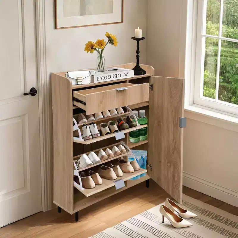 Shoe cabinet with 4 flip-top drawers, simple and elegant, freestanding wooden frame, suitable for entryways, hallways, and foyer, oak.