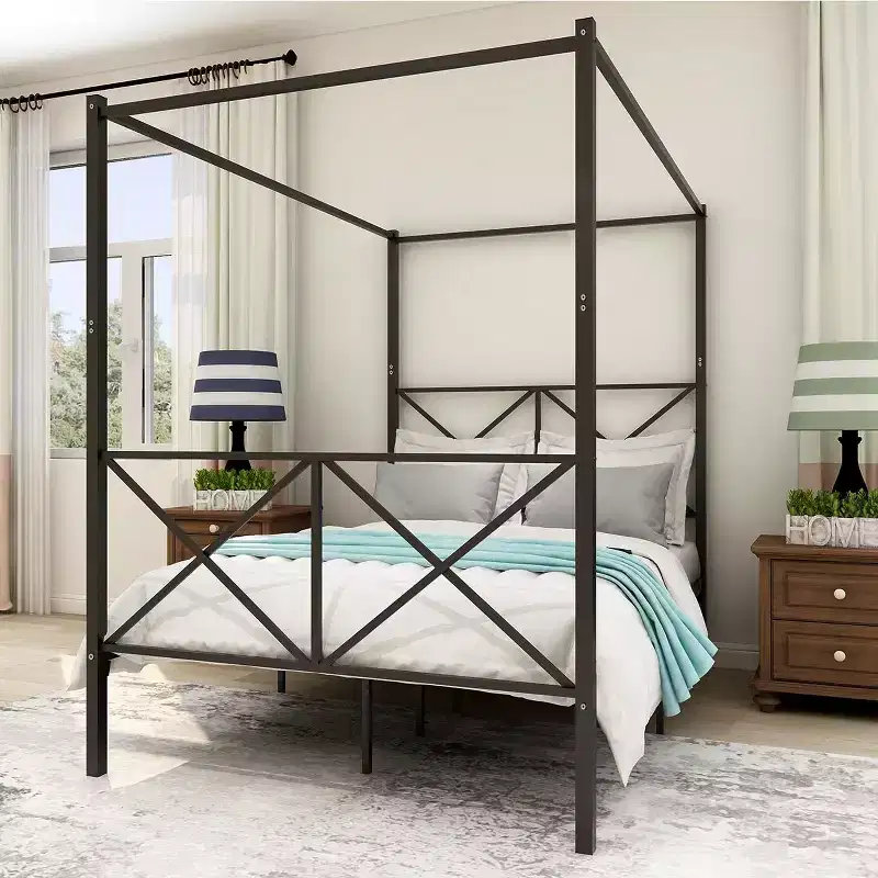 GDFStudio Rubie Modern Metal Canopy Bed Frame with X Shaped Headboard