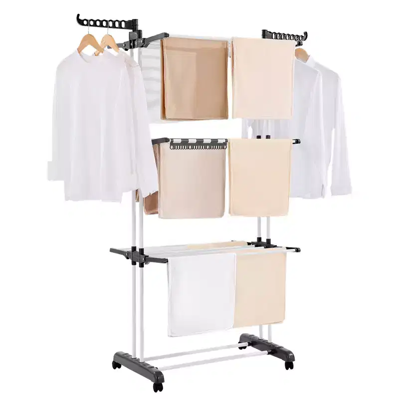 4-Tier Foldable Clothes Drying Rack with Wheels and Side Wings, 77 lbs Capacity