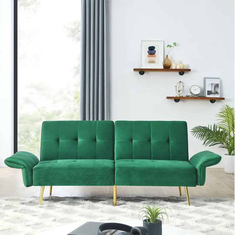 Italian Velvet Convertible Sleeper Sofa Bed with with Folded Armrests and Storage Bags
