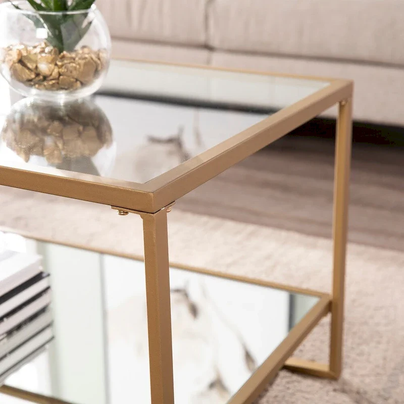 Glam Gold Metal Coffee Table with Glass Top & Mirrored Shelf – Modern Living Room