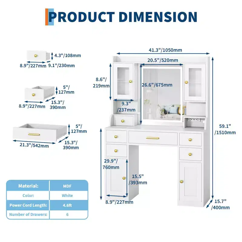 Garvee 41 Vanity Desk with Mirror&Lights, Makeup Vanity with 6 Drawers, Storage Shelves, RGB Cabinets& 3 Adjustable Brightness for Women Girls