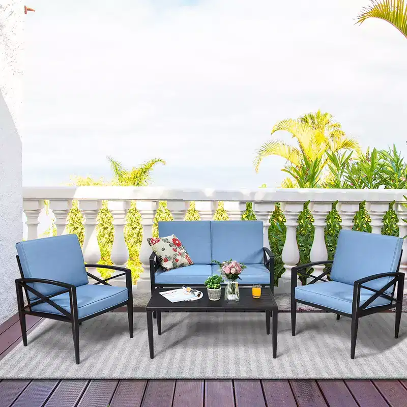 Costway 4PCS Patio Furniture Set Aluminum Frame Cushioned Sofa Chair Coffee Table Blue