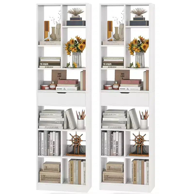 Costway 2PCS 71 Tall Bookcase w/ Drawer Modern Bookshelf w/ 10 Open Cubes Display Rack