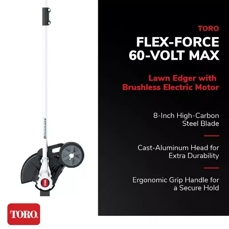 Toro Flex-Force 60V Max 8 Cordless Brushless Electric Motor Lawn Edger with Variable Speed Controls for Yard Maintenance Work, (Tool Only)