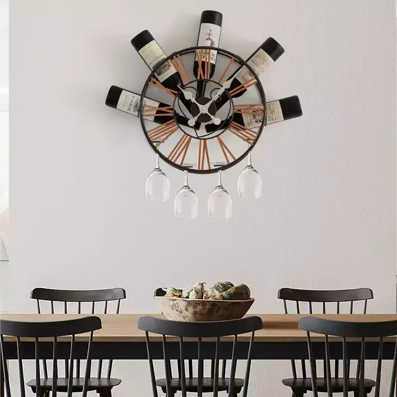 Vintiquewise Wall-Mounted Clock Design Wine Holder with Stemware Rack - Unique Shelf for Champagne, White & Red Wine Organizer with 4 Glass Holders