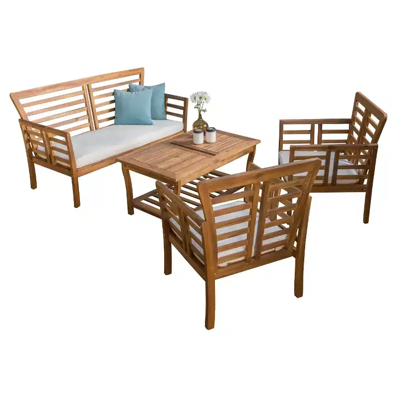Caydon 4pc Acacia Wood Patio Chat Set with Cushions - Brown Patina - Christopher Knight Home: Outdoor Seating Ensemble