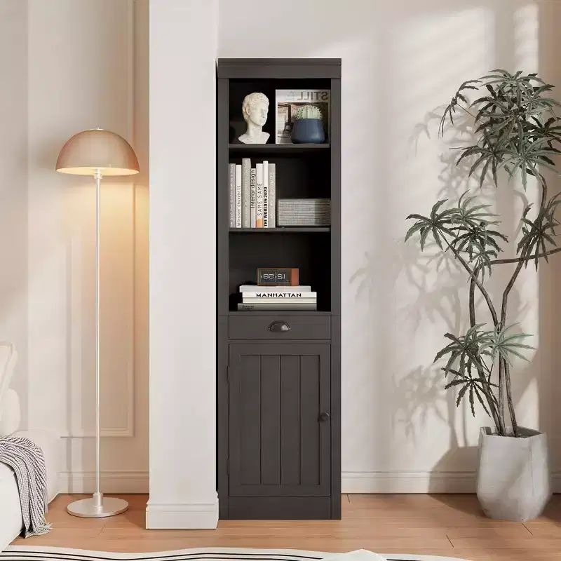 Narrow Bookcase with Drawer, 71in Tall Farmhouse 3-Tier Bookshelf with Open Adjustable Shelves and Door, Wooden Storage Cabinet for Living Room Office