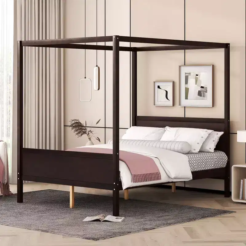 Whisen Queen Size Canopy Bed with Headboard & Footboard, Under-Bed Storage & Decor-Friendly Design