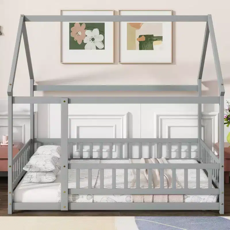 Full Size Floor Bed with Wooden House Frame and Fence Design for Safe & Imaginative Sleep Spaces for Children