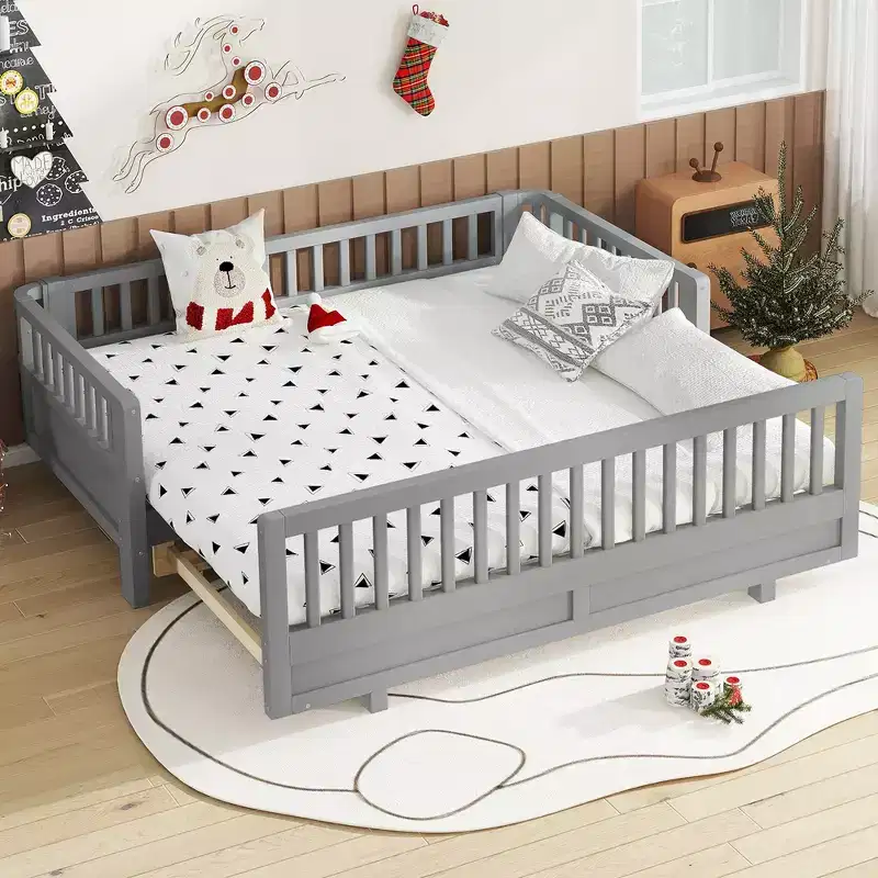 Platform Bed with Guardrails, Solid Wood Twin Bed Frame, Convertible to Double Twin