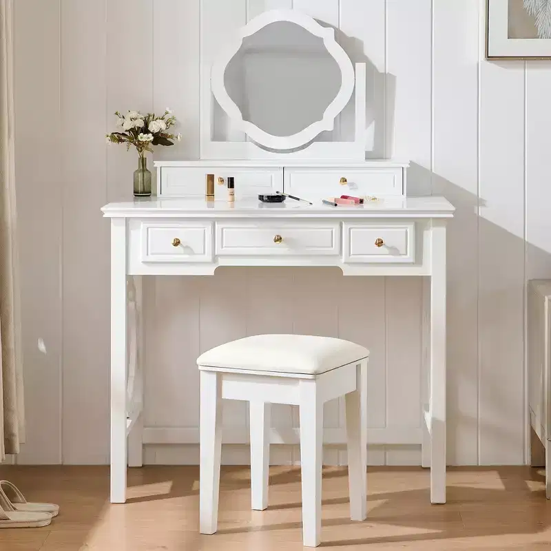 GDFStudio Hailey Makeup Vanity Table with Reversible Mirror, Faux Leather Stool and 5 Drawers
