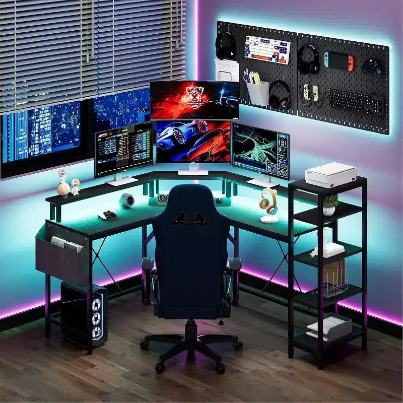 Acekool 62 L-Shaped Computer Desk with Power Outlets, LED Lights, Monitor Stand & Storage Shelves, Ergonomic Corner Desk for Home Office