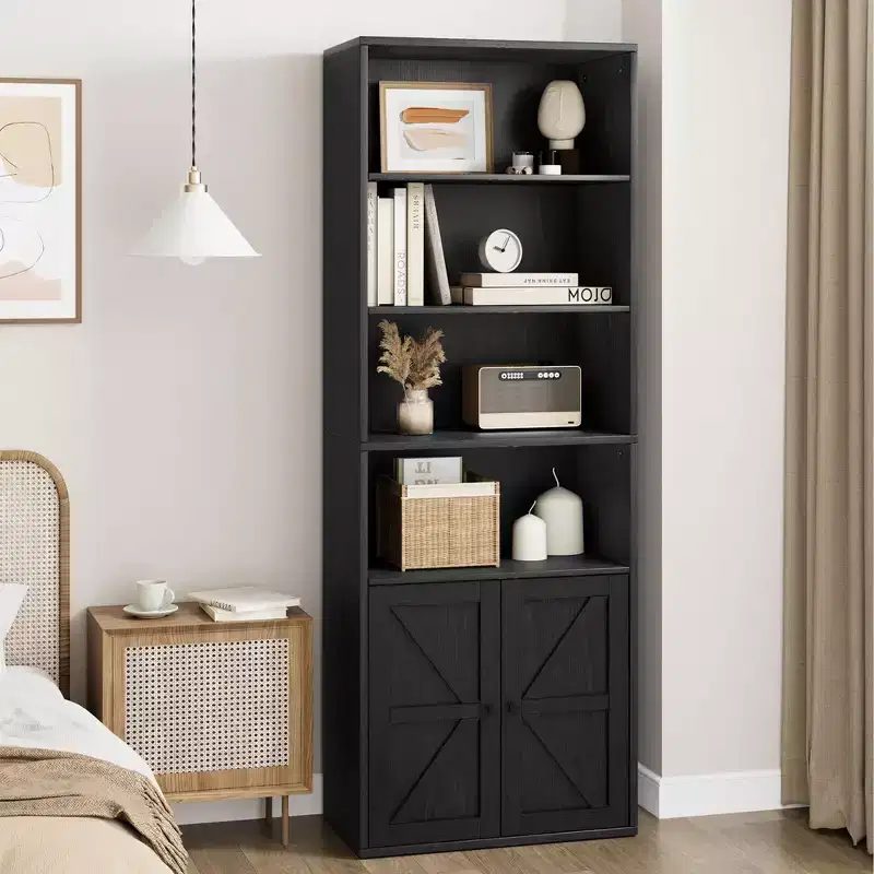 Acekool 71 Tall Farmhouse 6-Tier Bookshelf with Drawer, Wood & Metal Narrow Storage Organizer, Industrial Style Display Shelf
