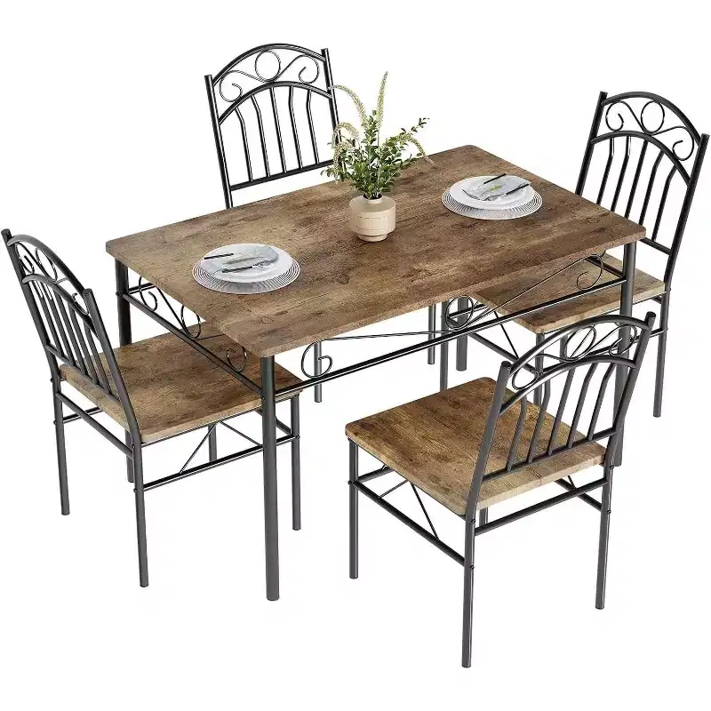 Mid-Century Modern 4-Piece Dining Set, Farmhouse Style Kitchen Table with Chairs, Rubberwood Legs, Rectangular Dinette for Dining Room & Kitchen
