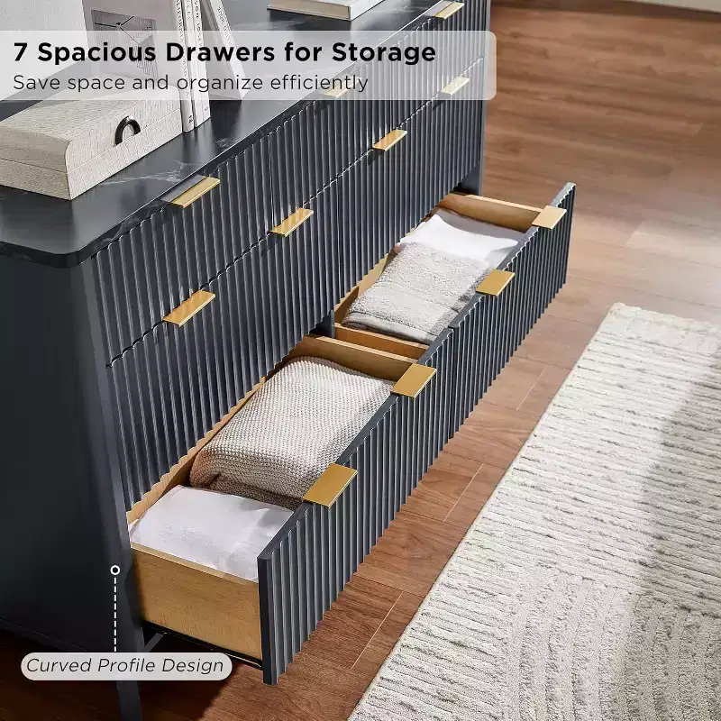 Fluted 7 Drawer Dresser, 54 Modern Dresser with Faux Marble Topped & Curved Design, Wooden Storage Organizerfor Bedroom, Living Room