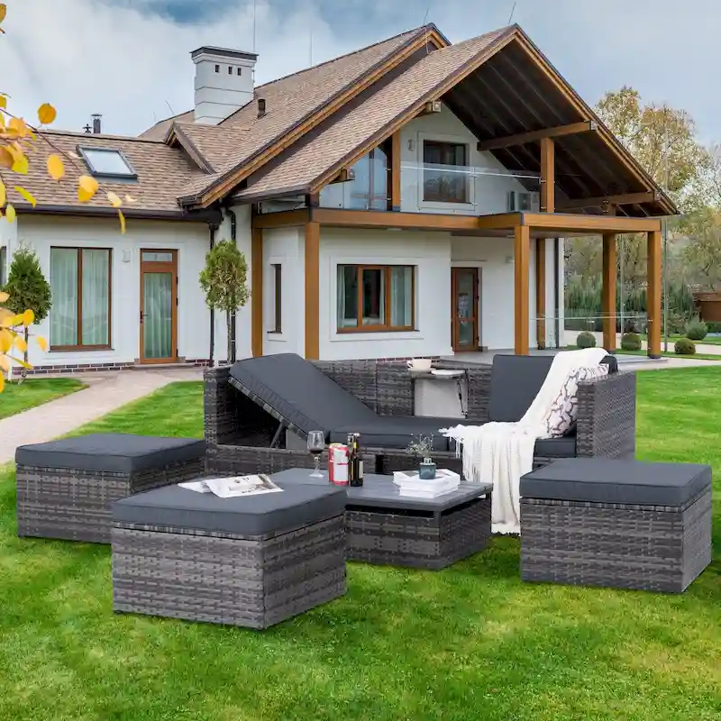 5 Pieces PE Wicker Outdoor Sectional Sofa Set with Lift-Top Coffee Table