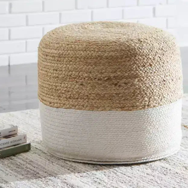 Round Braided Jute Pouf, Natural/White, 19