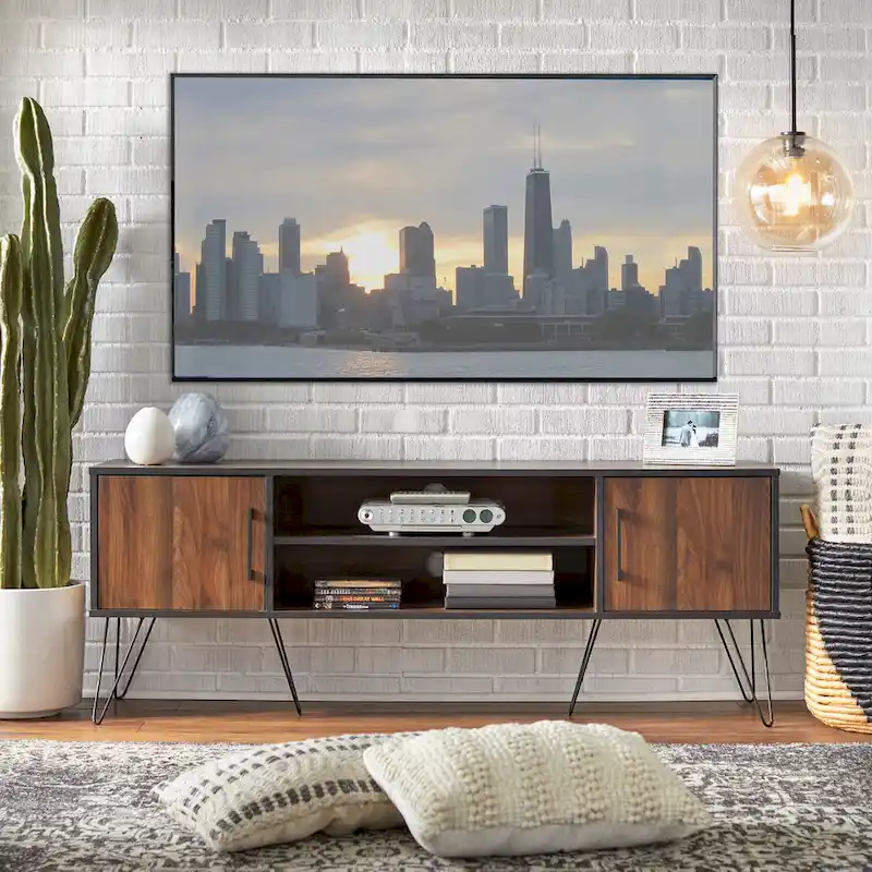 Mid-Century Vintage TV Stand with Side Cabinets – Walnut & Black, Fits 64