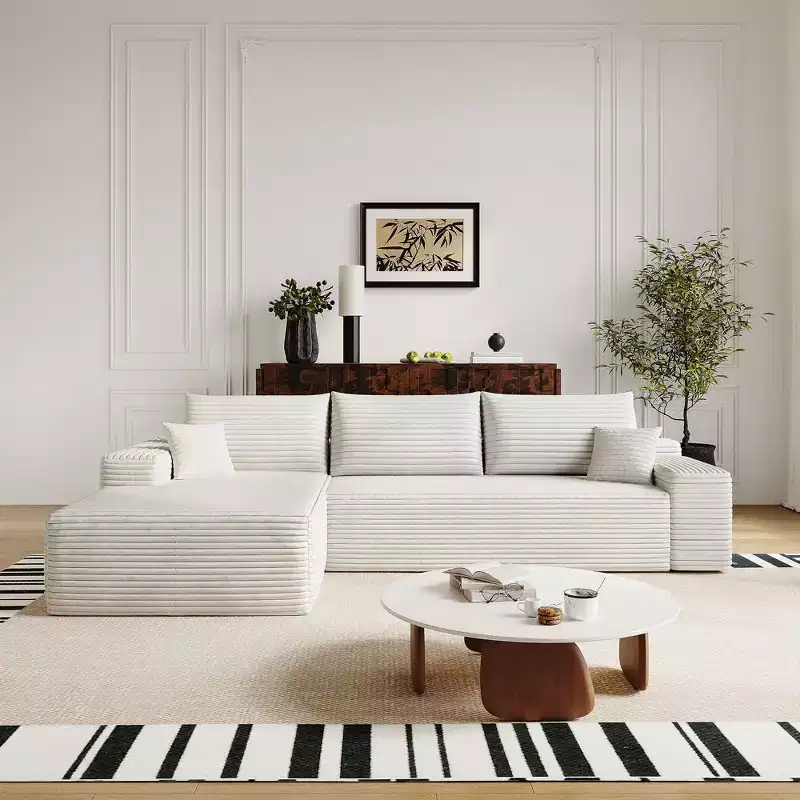 107 inch White Plush Corduroy Fabric Sectional Couch with L-Shape Chaise Modern Modular Sofa with Deep Seat
