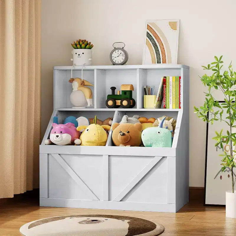 Acekool Kids Bookshelf and Toy Storage Organizer, Toy Cabinet with 3 Shelves, 2 Storage Boxes, for Playroom, Bedroom, Nursery, Vintage White