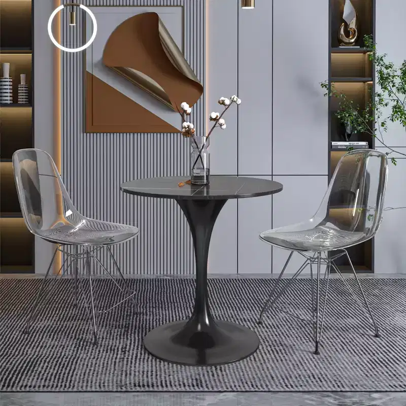 LeisureMod Verve 27 Round Dining Table - Sintered Stone Top with Modern Black Pedestal Base Accent Side Table for Kitchen and Home