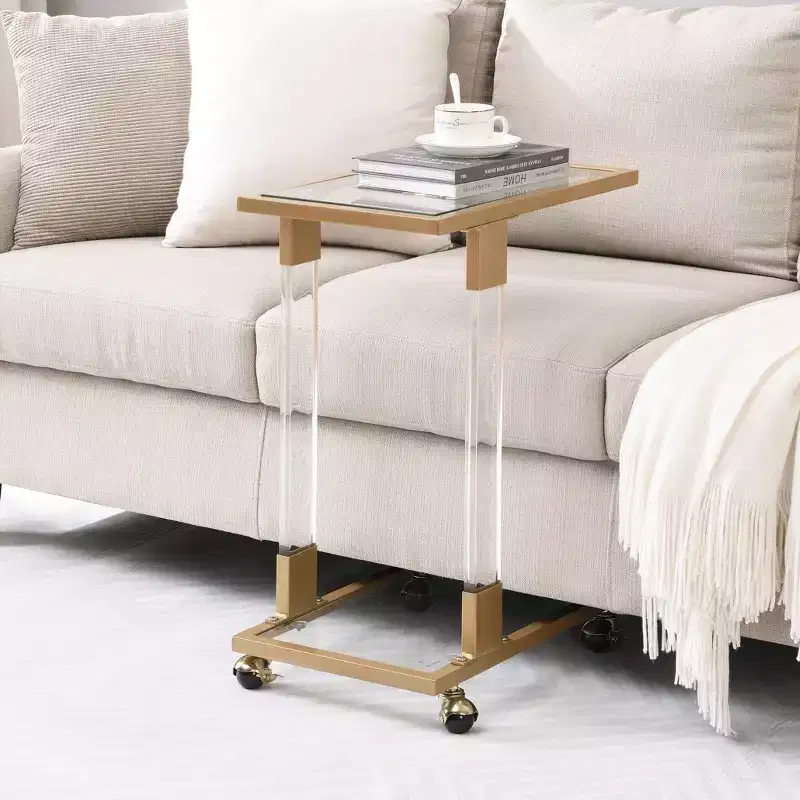 Okak Modern Glass Side Table with Acrylic Legs, C-Shape Table with Chrome Metal Base, Tray Tables for Living Room, Bedroom, Balcony
